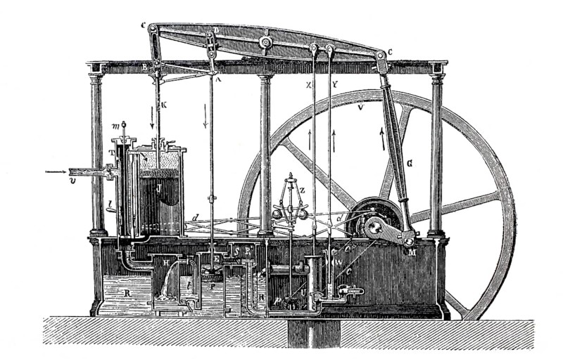 Average by James Watt's steam engine, around 1800, digitally improved reproduction of a 19th century model, historical