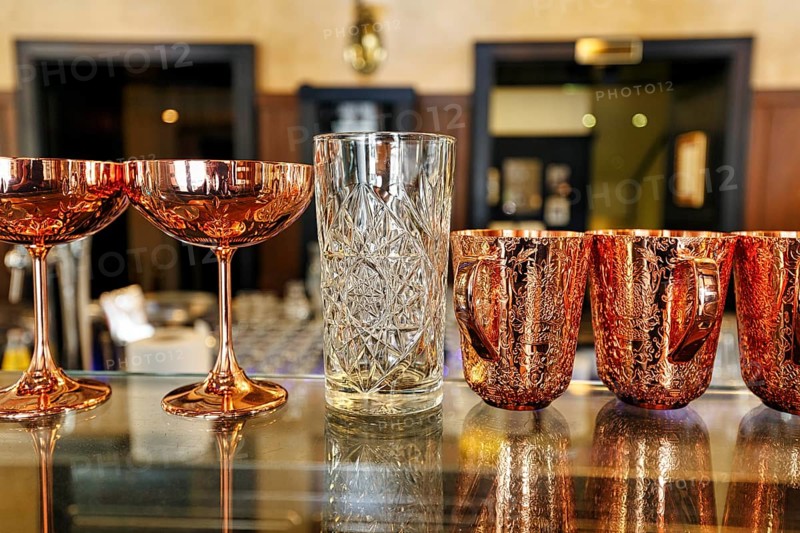 Various decorated glasses on a counter, classic coffee house, Central Grand Café, bar, Budapest, Hungary, Europe