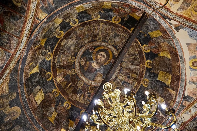 Impressive ceiling fresco with a detailed depiction of a holy figure in a dome, Easter 2025, Church of the Dormition of the All-Holy God Bear, Kimisis tis Theotokou, Asklipio, Rhodes, Dodecanese, Greek Islands, Greece, Europe