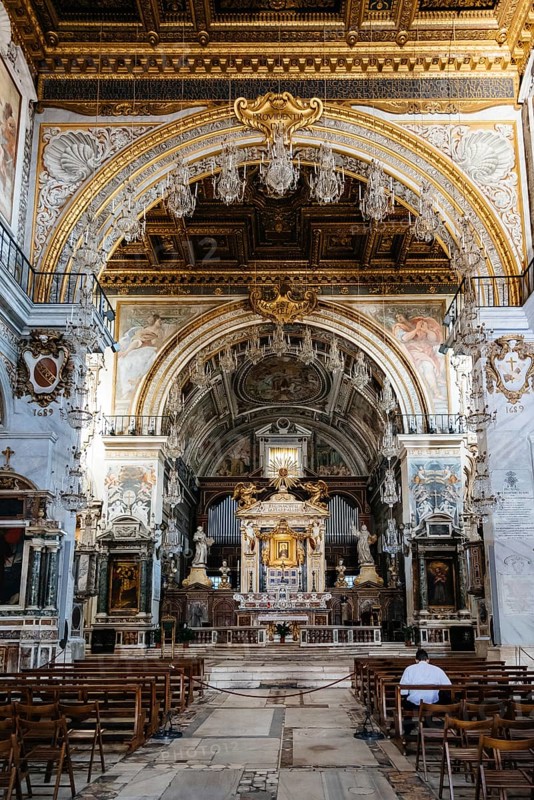 Rome, Italy, August 20, 2016: Interior view of Basilica dell'Ara Coeli. The church is built as a nave and two aisles that are divided by Roman columns, Europe