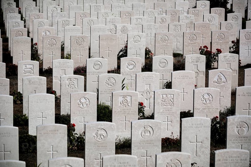 Ypres, Passchendaele, Belgium 08/2018: graves of Tyne Cot military cemetery