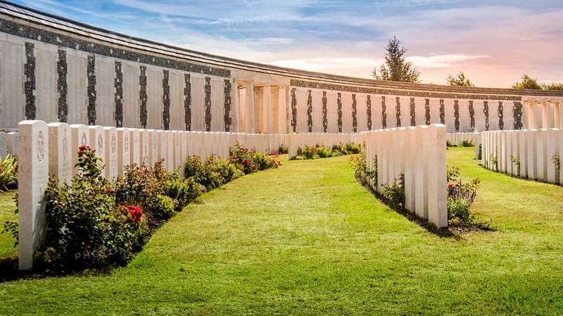 Passendale, West Flanders, Belgium, Aug. 2018: view on the Tyne Cot Commonwealth War Graves Cemetery and Memorial to the Missing, burial ground for the dead of the First World War in the Ypres Salient, Europe