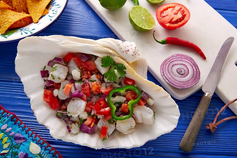 Ceviche Mexican food style recipe with nachos and ingredients