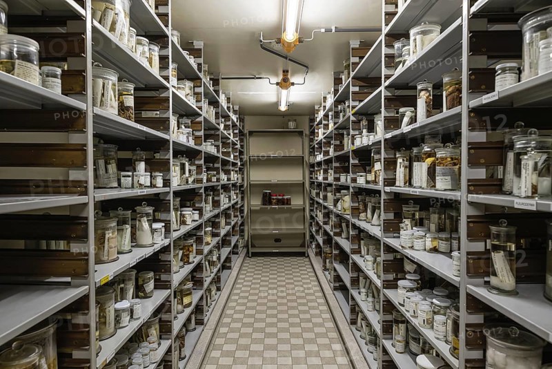 Brussels Capital Region, Belgium, 03 19 2022, Isle with shelves in the archive of the museum for natural science, Europe