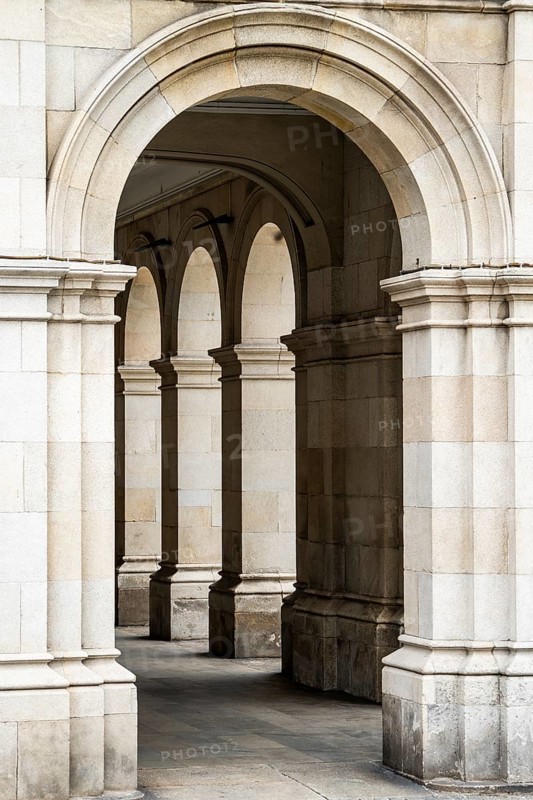 Arches of Historic City Hall in Praza de Maria Pita, main Square in La Coruna, Galicia - Spain