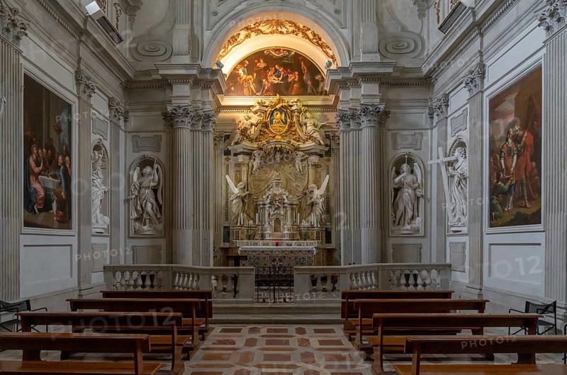 Spoleto, Italy, 25 November, 2022: altar and pews with statues and paintings inside the Spoleto Cathedral, Europe