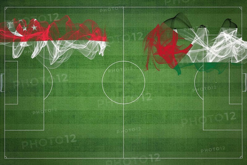 Singapore vs Palestine Soccer Match, national colors, national flags, soccer field, football game, Competition concept, Copy space