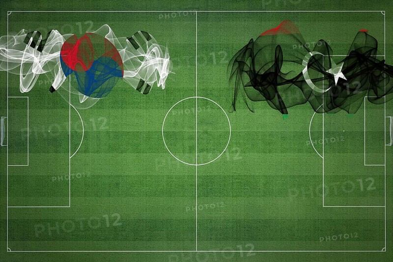 South Korea vs Libya Soccer Match, national colors, national flags, soccer field, football game, Competition concept, Copy space