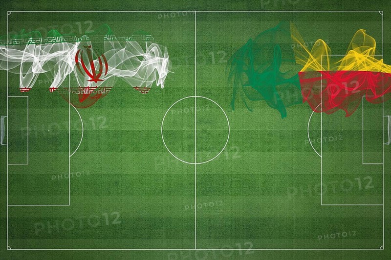 Iran vs Benin Soccer Match, national colors, national flags, soccer field, football game, Competition concept, Copy space