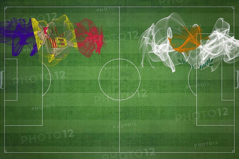 Andorra vs Cyprus Soccer Match, national colors, national flags, soccer field, football game, Competition concept, Copy space