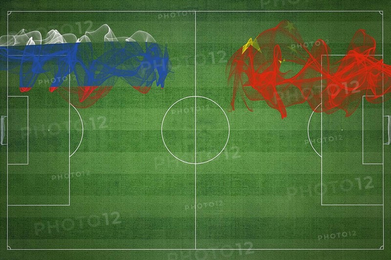 Russia vs China Soccer Match, national colors, national flags, soccer field, football game, Competition concept, Copy space