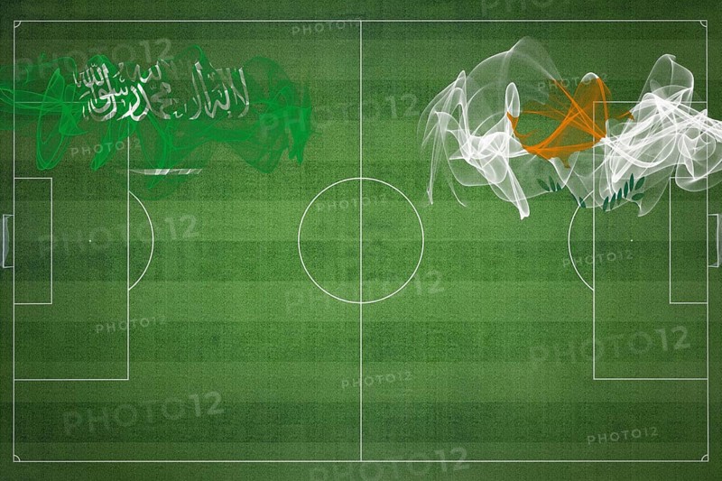 Saudi Arabia vs Cyprus Soccer Match, national colors, national flags, soccer field, football game, Competition concept, Copy space