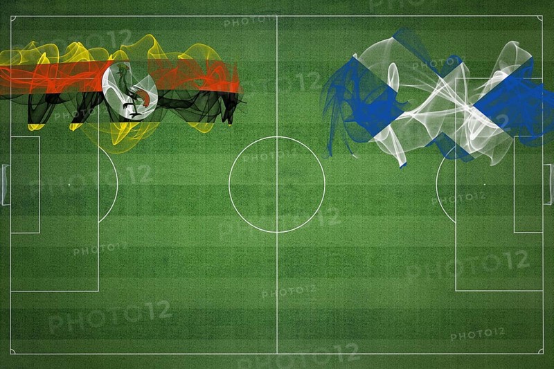 Uganda vs Scotland Soccer Match, national colors, national flags, soccer field, football game, Competition concept, Copy space