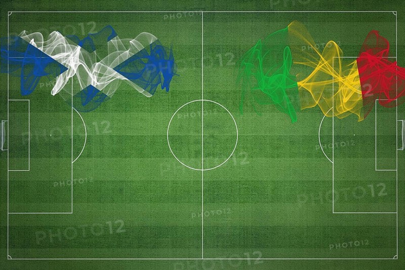 Scotland vs Mali Soccer Match, national colors, national flags, soccer field, football game, Competition concept, Copy space