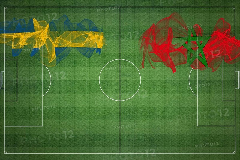 Sweden vs Morocco Soccer Match, national colors, national flags, soccer field, football game, Competition concept, Copy space