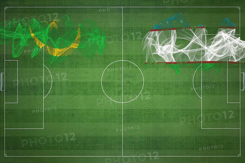 Mauritania vs Uzbekistan Soccer Match, national colors, national flags, soccer field, football game, Competition concept, Copy space