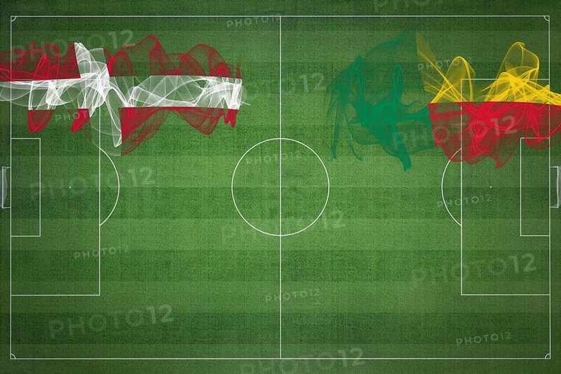 Denmark vs Benin Soccer Match, national colors, national flags, soccer field, football game, Competition concept, Copy space