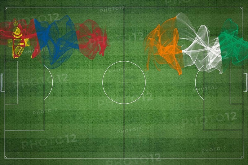 Mongolia vs Ivory Coast Soccer Match, national colors, national flags, soccer field, football game, Competition concept, Copy space