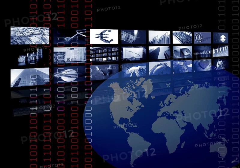 Business corporate, world map, multiple screen. Metaphor mixing photo and ilustration in blue color