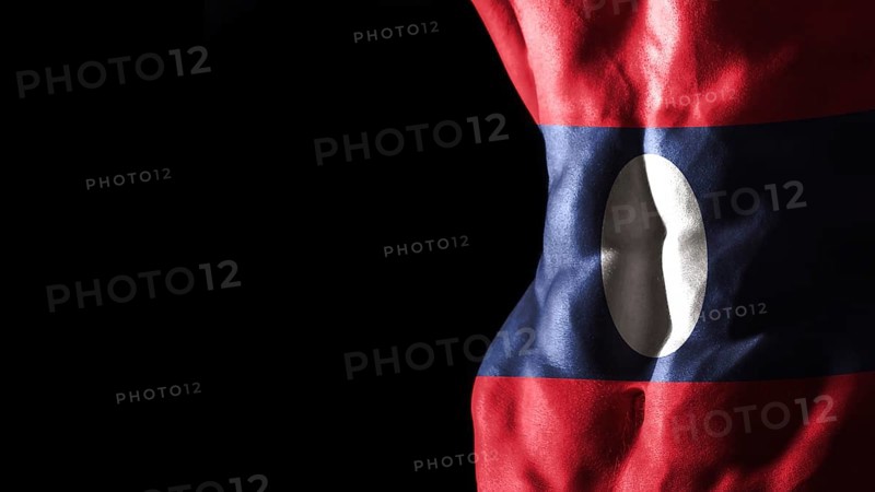 Laos flag on abs muscles national sport workout, bodybuilding concept, black background