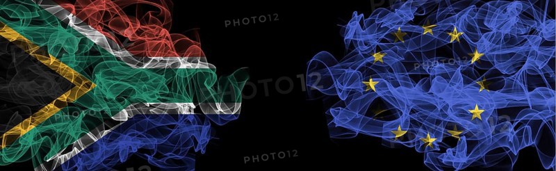 Flags of South Africa and EU on Black background, South Africa vs Europe Union Smoke Flags