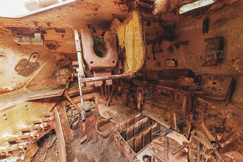 Dilapidated interior of a tank with rusty metal, full of old, rotting parts and structures, M41 Bulldog, Lost Place, Brand, Aachen, North Rhine-Westphalia, Germany, Europe