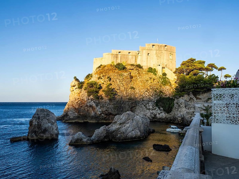 Morning light, fortress at the old harbour, Dubrovnik, Dalmatia, Croatia, Europe