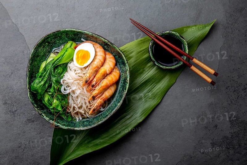 Food, Asian rice noodles with shrimps on gray background