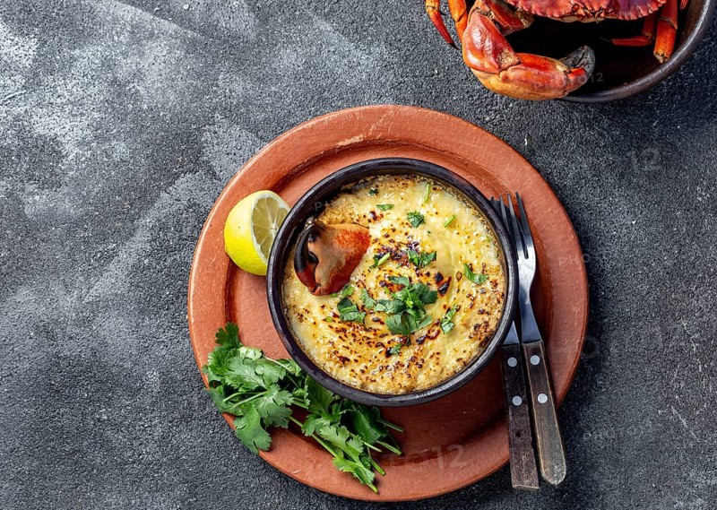 Food, Food, CHILEAN FOOD. Baked crabmeat crab meat with cheese, cream and bread. Traditional dish of chilean coast. Pastel o chupe de jaiba