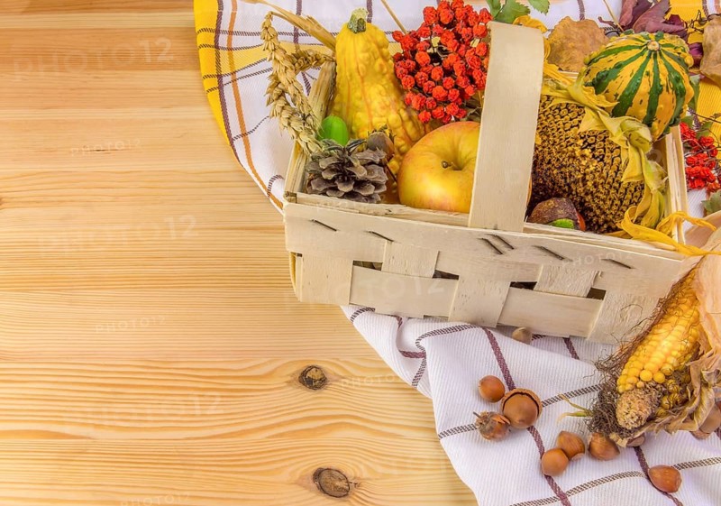 Lovely autumn decoration with all sorts of pumpkins, corn, grain, sunflower and forest fruits, set in a basket, on a towel and a wooden table
