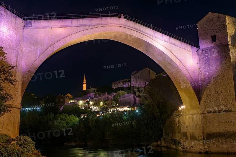 Mostar Bridge at night, an Ottoman bridge in Mostar, Bosnia and Herzegovina, Europe