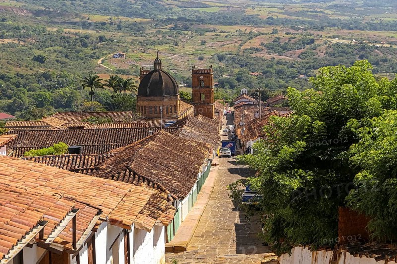 View down to the center of historic town Barichara and green surrounding, Colombia, South America