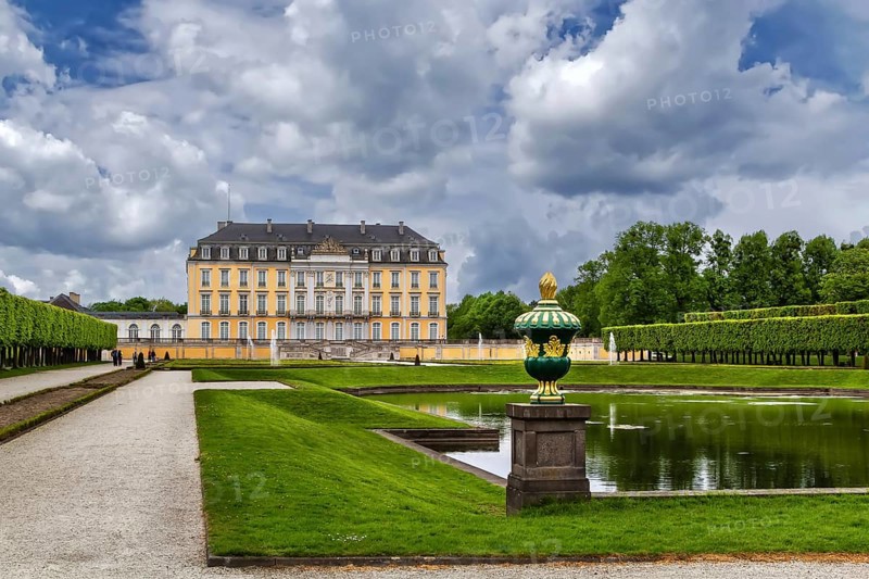 View of Augustusburg Palace with fountain and flower garden, Bruhl, Germany, Europe