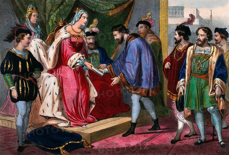 Christopher Columbus standing before King Ferdinand and Queen Isabella on his return to Spain, digitally optimized