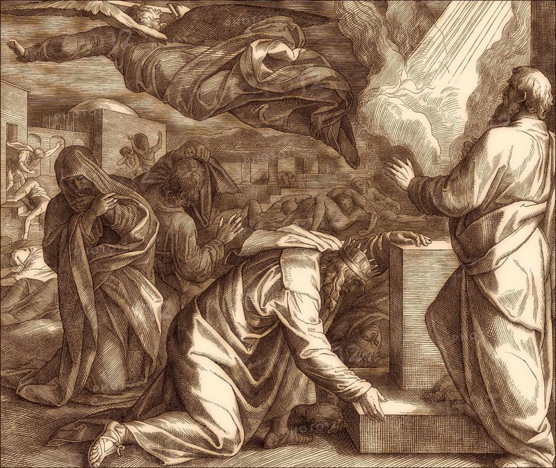 The destroying angel killing the inhabitants of Jerusalem, Old Testament, by Julius Schnorr von Carolsfeld