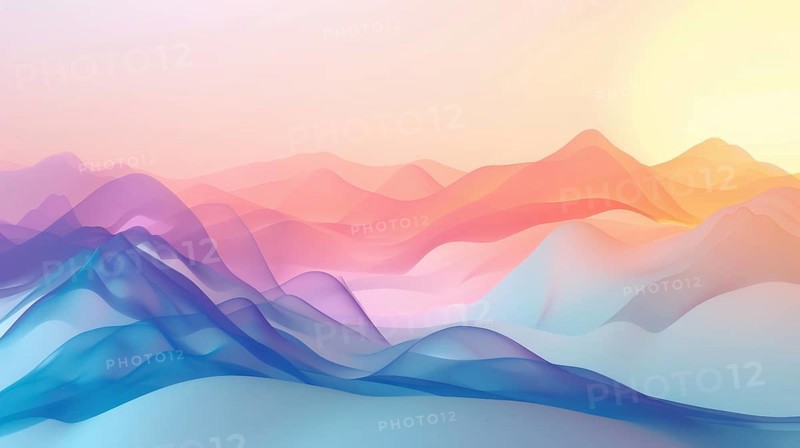 Abstract mountain landscape with colorful, gradient hues ranging from blue to pink, creating a serene atmosphere
