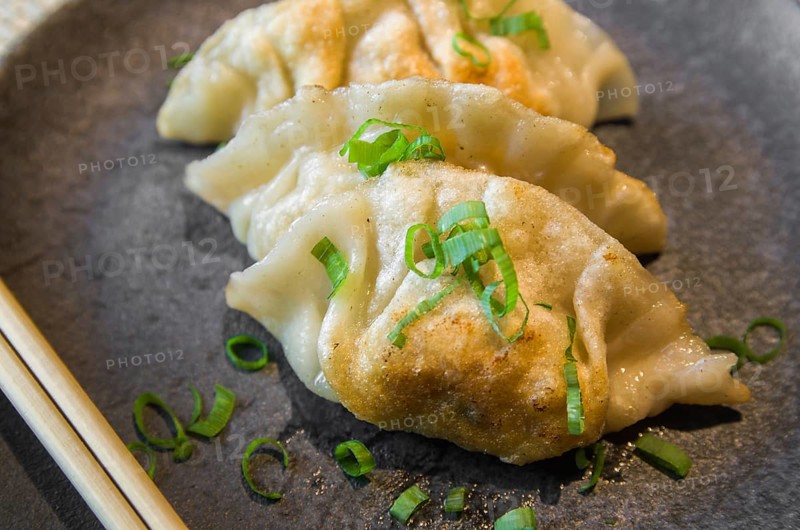 Beautiful gyoza or dumplings snack with soy sauce, selective focus, copy space