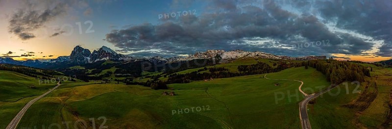 Panoramic view from the Seiser Alm to the Dolomites in Italy, drone shot