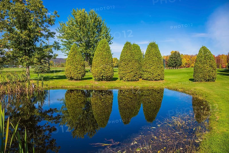 Small quiet pond with water mirror reflecting the blue sky. Phenomenally beautiful park with autumn foliage. Concept Golf tourism