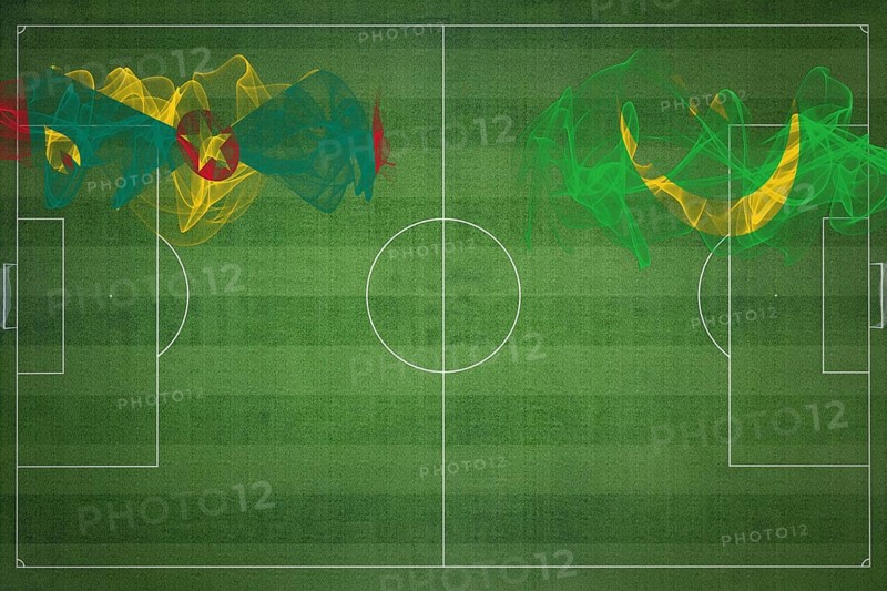 Grenada vs Mauritania Soccer Match, national colors, national flags, soccer field, football game, Competition concept, Copy space