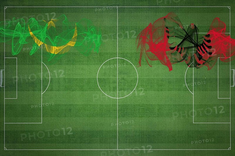 Mauritania vs Albania Soccer Match, national colors, national flags, soccer field, football game, Competition concept, Copy space