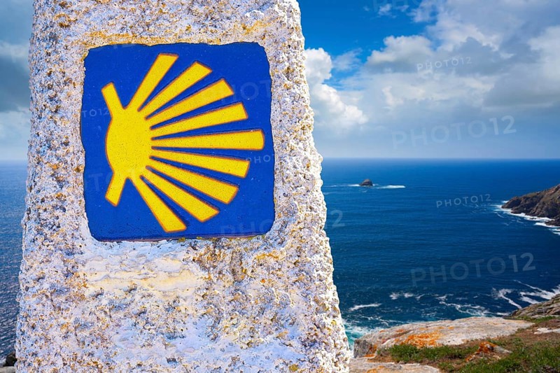 End of Saint James Way sign of Finisterre in Galicia Spain photomount