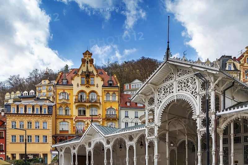 View of city centre of Karlovy Vary with Market Colonnade, Czech republic