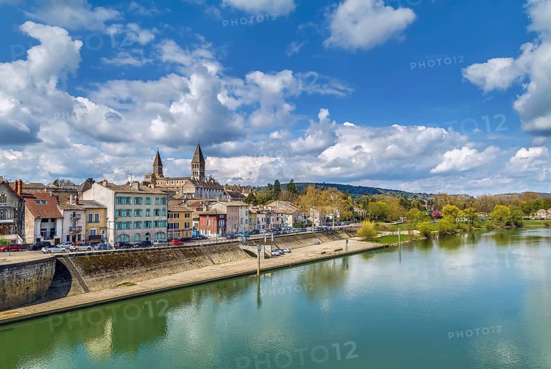 View of Tournus with abbey fron Saone river, France, Europe