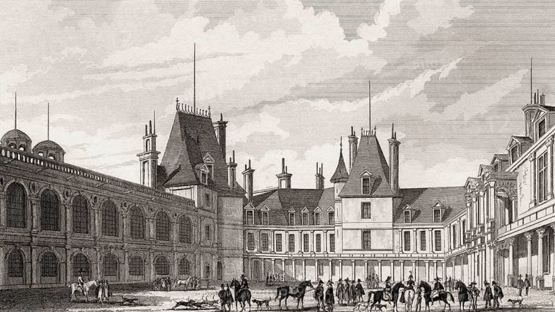 The Oval Courtyard, Château de Fontainebleau, near Paris, antique steel engraved print, 1831