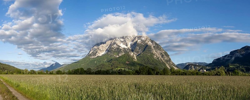 Cloudy mood over mountain peak, Grimming, panoramic shot, near Irdning, Styria, Austria, Europe