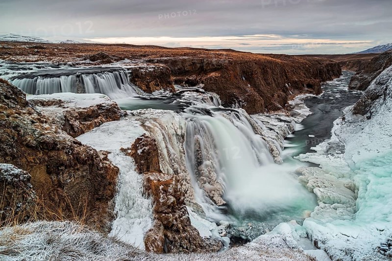 Panoramic view of Reykjafoss waterfall. Varmahlid river in Northern Iceland in winter
