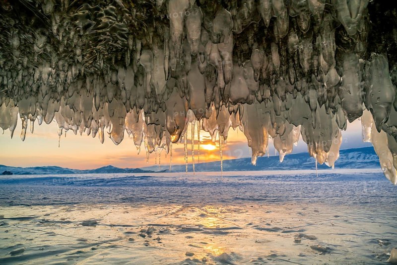View of sunset at Lake Baikal, Russia in winter