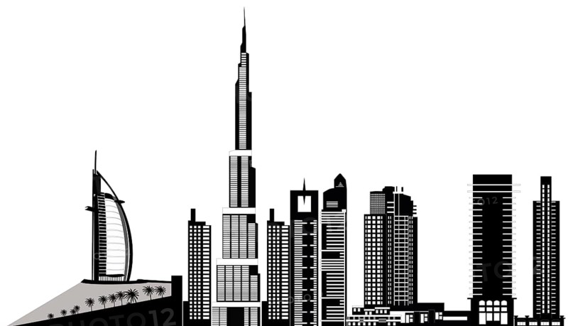 Illustration of the dubai city skyline with landmarks as the burj al arab hotel and the burj khalifa the highest building in the world