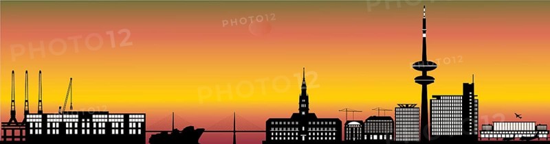 Illustration of hamburg city skyline in germany with the industry, harbor with ship and boat and the airport with airplanes and architecture isolated on white background in the evening sunset